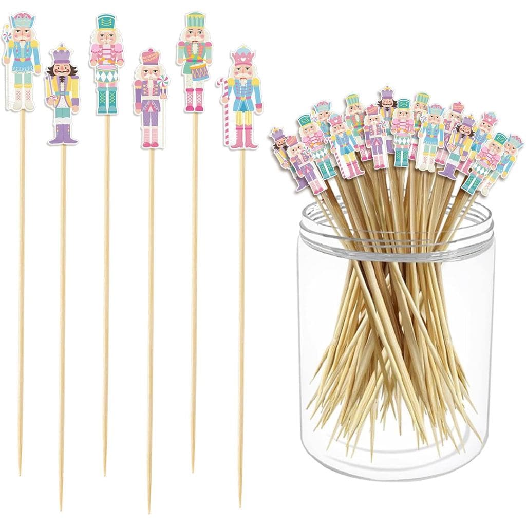 JarThenaAMCS 300Pcs Christmas Nutcracker Cocktail Picks 6 Design Pink Xmas Toothpicks Long Cocktail Appetizer Skewer for