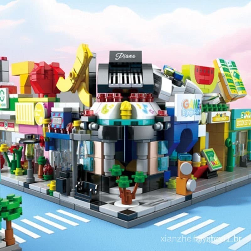 Popular no Xiaohongshu: Ornamentos de modelos de edifícios de ruas comerciais, brinquedos de montagem de blocos de const
