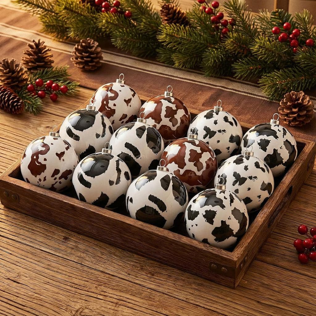 Soulchen 12 Peças de Enfeites de Bola de Natal em Couro Sintético com Estampa de Vaca, 3,15 Polegadas, Enfeites Suspenso
