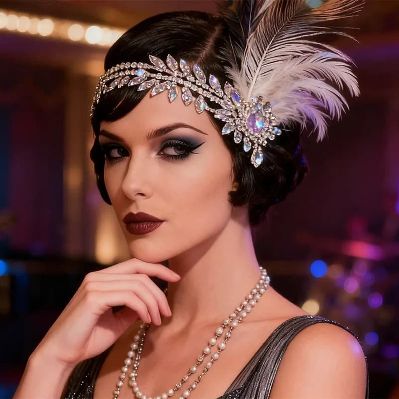 Faixa de Cabelo Festa dos Anos 1920 com Penas, Cristais e Lantejoulas Estilo Máscara de Baile