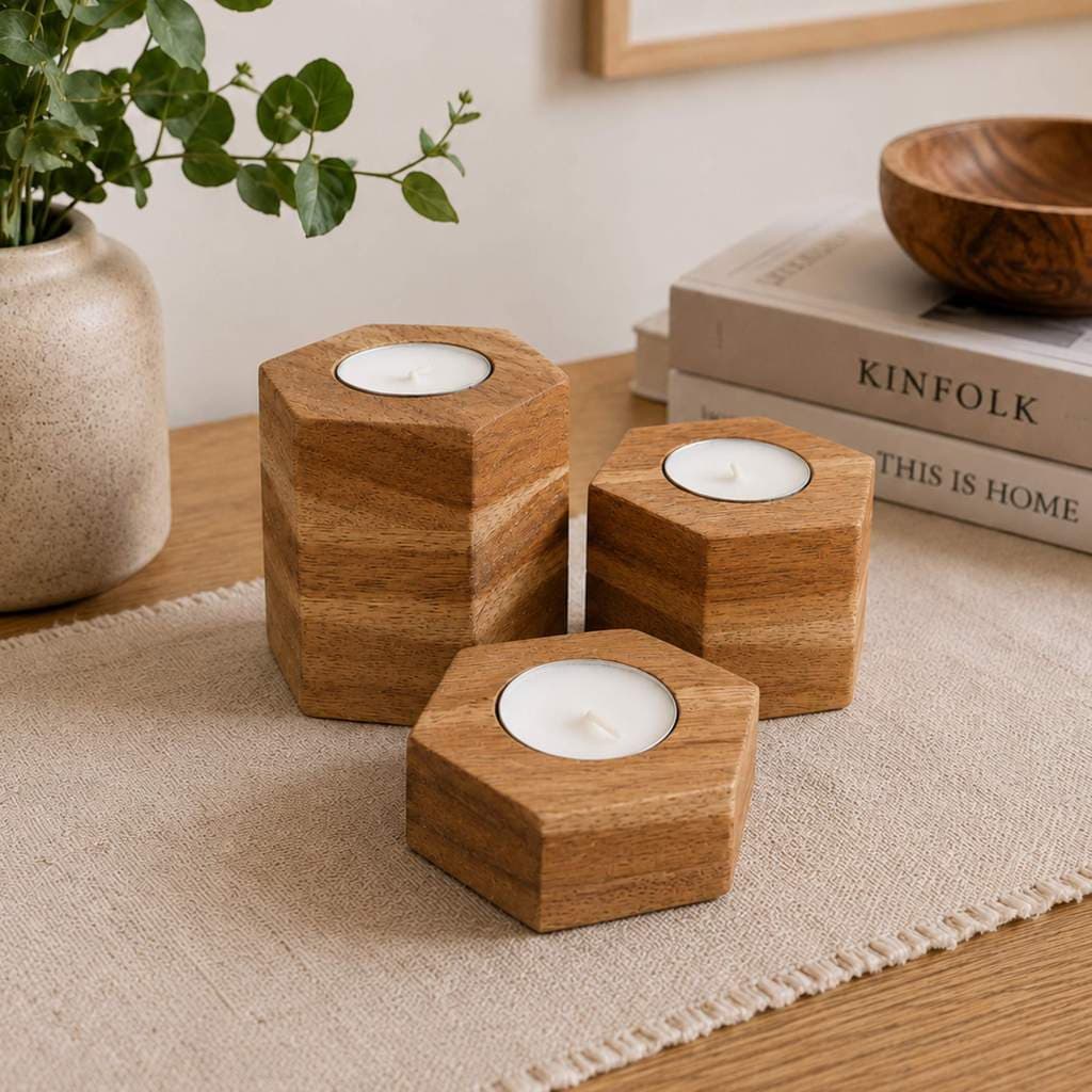 Trio de Velas Hexa em Madeira Teca/Cedrinho ou Pinus