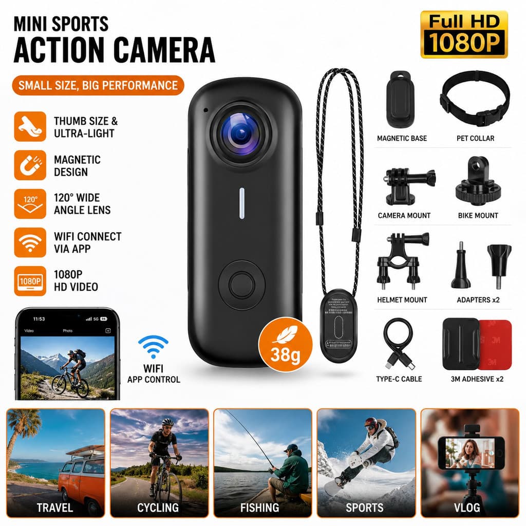 Mini Câmera De Ação 1080P À Prova D'água HD WiFi Para Modo De Retrato Ao Vivo E Vlogging COD