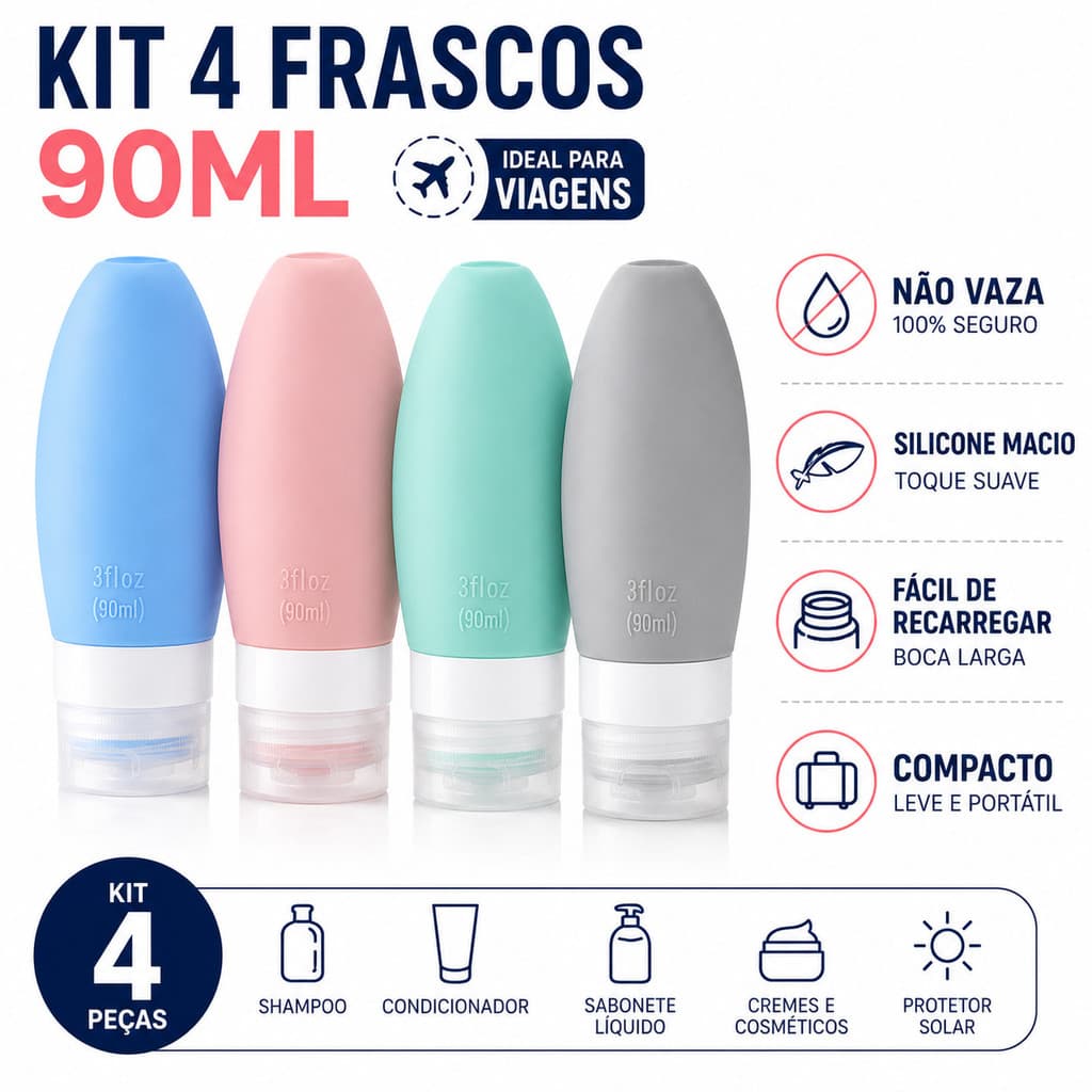 Kit Viagem 4 Frascos Silicone Pote 90ml Porta Creme Shampoo Perfume Loção Corporal Sabonete Líquido