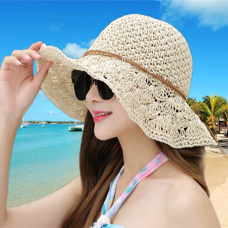 Chapéu de palha feminino verão protetor solar concha flor versão coreana chapéu de sol moda tendência grande borda papel