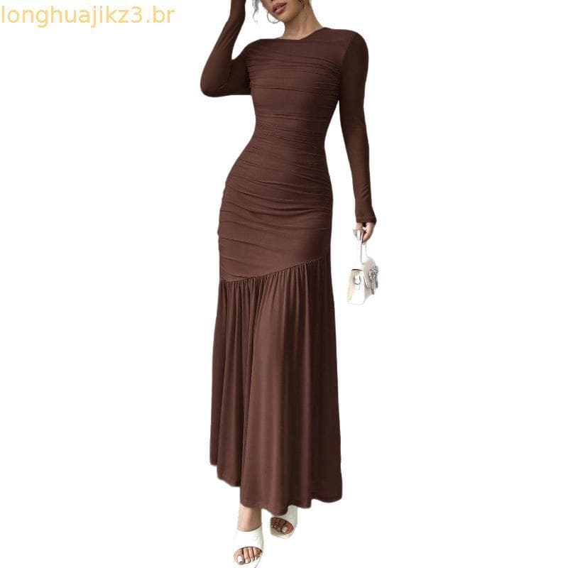Vestido Feminino Manga Comprida Bege Malha Franzido Bodycon Sereia Maxi Slim Fit Figura Mostrando Elegante De Festa À No