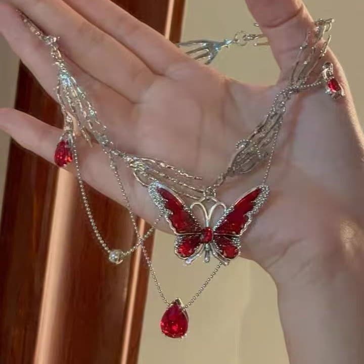 Doce legal nicho vermelho gotejamento esmalte borboleta borla Multi-camada garra corrente colar y2k menina quente garra