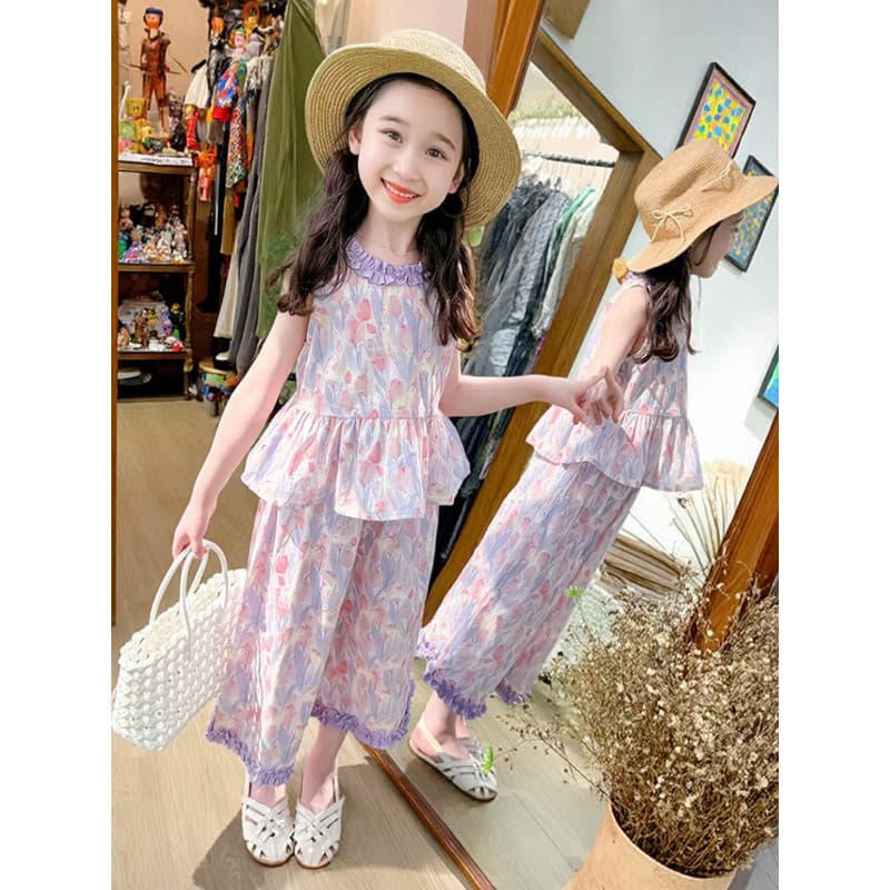 Meninas flor terno fino 2026 novo estilo bebê verão colete calças de perna larga terno de duas peças crianças doce roupa