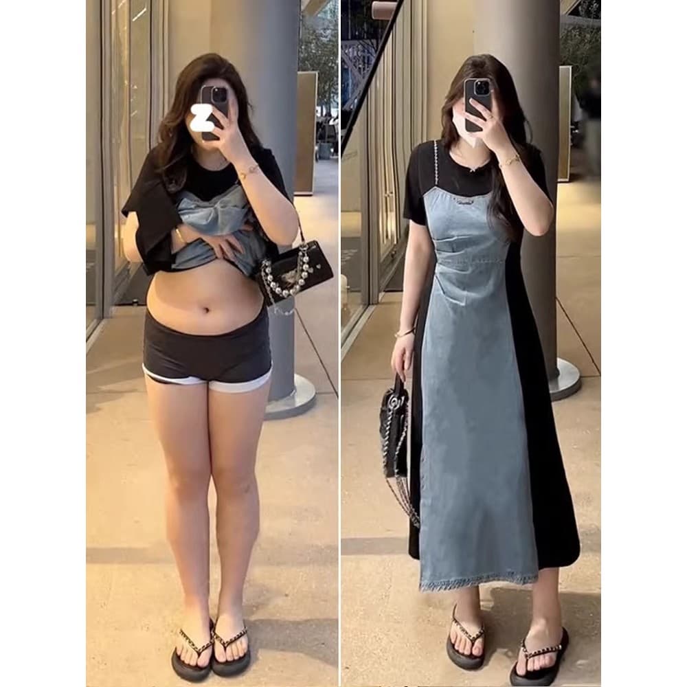 Irmã gorda verão estilo coreano irmã real estilo capa barriga Denim vestido feminino tamanho grande elegante mais magro