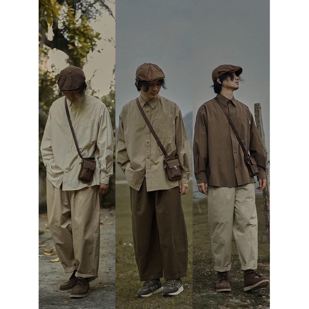 Primavera outono japonês Retro cor sólida manga comprida empilhado saco camisa masculina solta Workwear Casual masculino