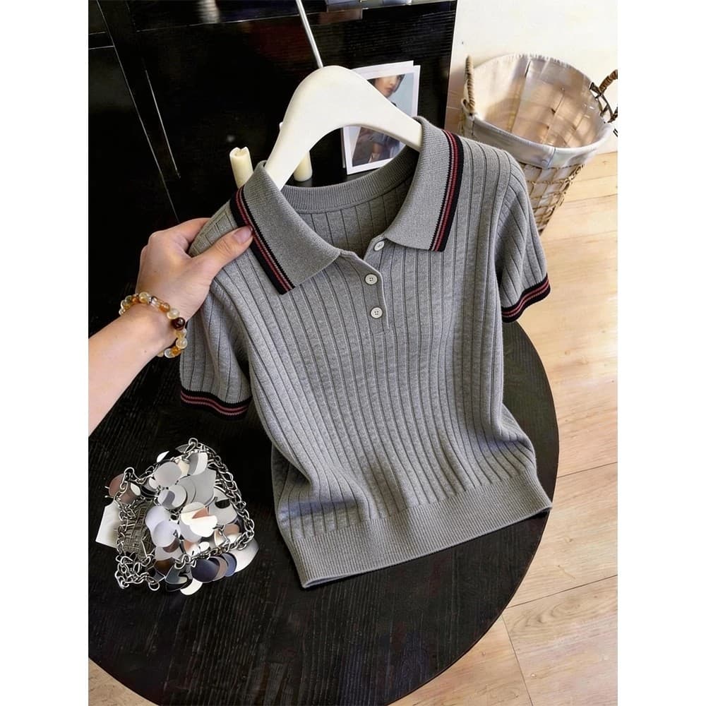 Solto mais magro olhar [40-100kg] gola Polo contraste cor de manga curta camiseta feminina verão estilo ocidental pulôve