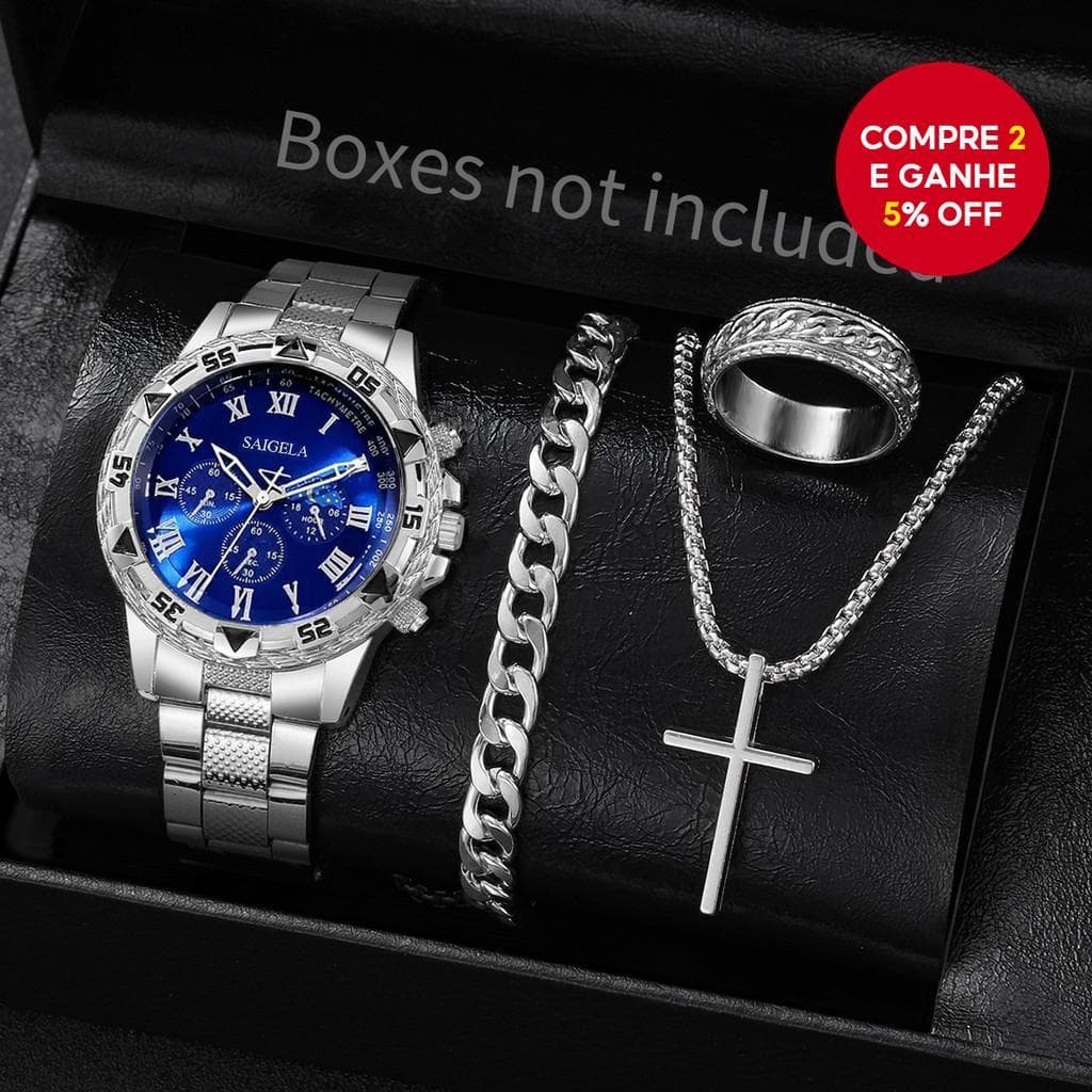 Relógio De Pulso De Quartzo Para Homens , Conjunto De 4 Peças De Luxo Com Mostrador Grande , Negócios Da Moda Sem Caixa