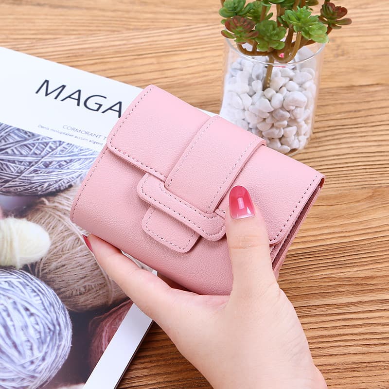 Nova carteira feminina de três dobras com cordão, estilo coreano, em cor sólida, porta-moedas feminino, bolsa de mão, ca