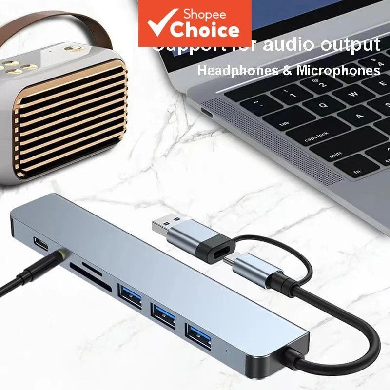 Hub USB 8 em 1 com leitor de cartões TF/SD, divisor e porta USB-C, estação de acoplamento USB 3.0 para MacBook