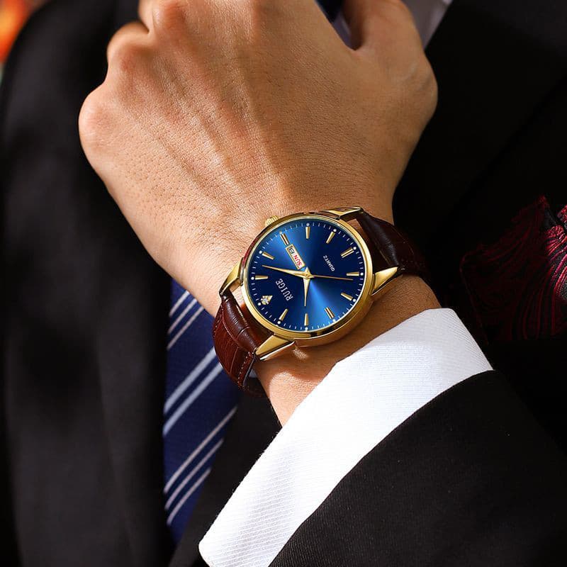 Relógio de quartzo masculino Rig: design suíço, pulseira de couro, à prova d'água e com função luminosa QKNX