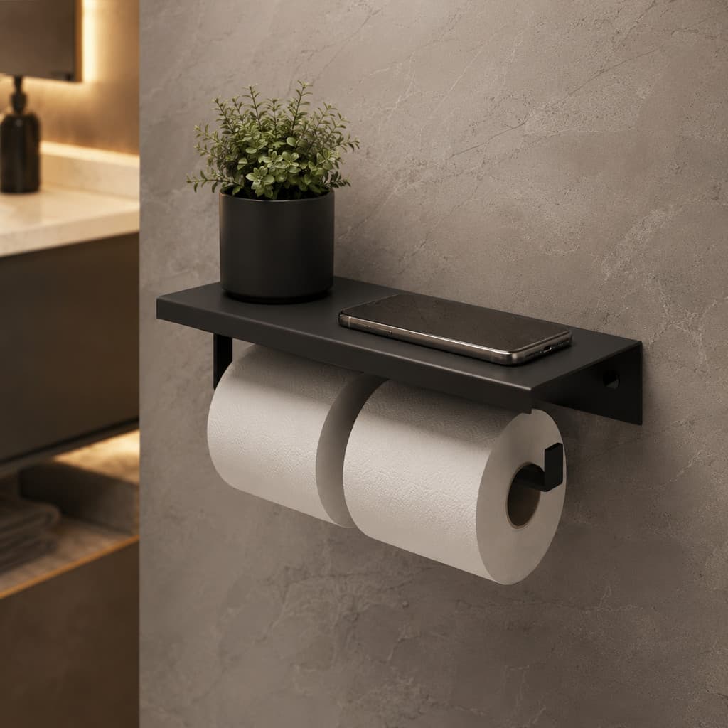 Porta Papel Higiênico Duplo Com Apoio Para Celular E Outros Acessórios Preto Fosco