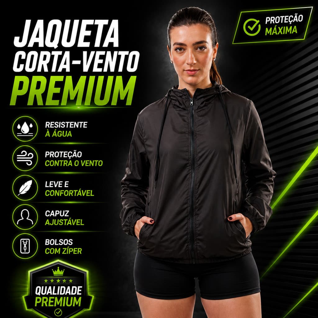 Jaqueta Corta Vento Feminina Sport Térmica UV50 Preta Capuz