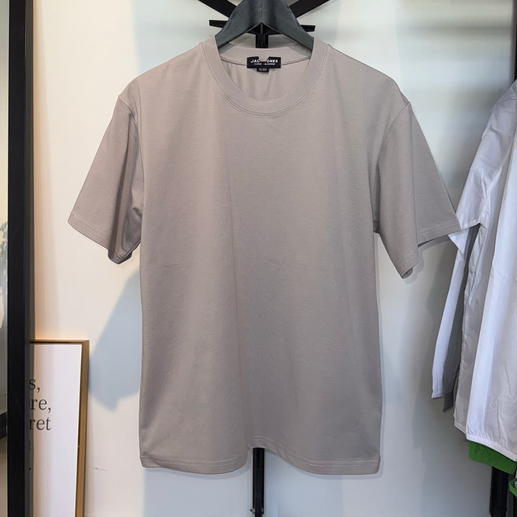 Jj Cut Label Verão Pesado Um pouco caído Ombro Puro Algodão Em Torno Do Pescoço Camiseta De Manga Curta Masculina Cor Só
