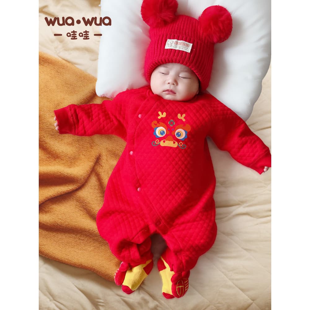Mês inteiro roupas de bebê primavera outono recém-nascido acolchoado macacão quente macacão vermelho cem dias terno