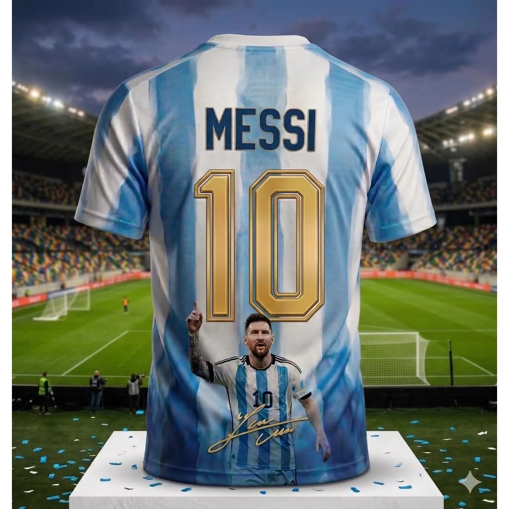 Messi 10 Argentina Camisa De Futebol Azul Branco Listrado Impressão 3D Homens Mulheres Fã Da Copa Do Mundo Tops De Manga
