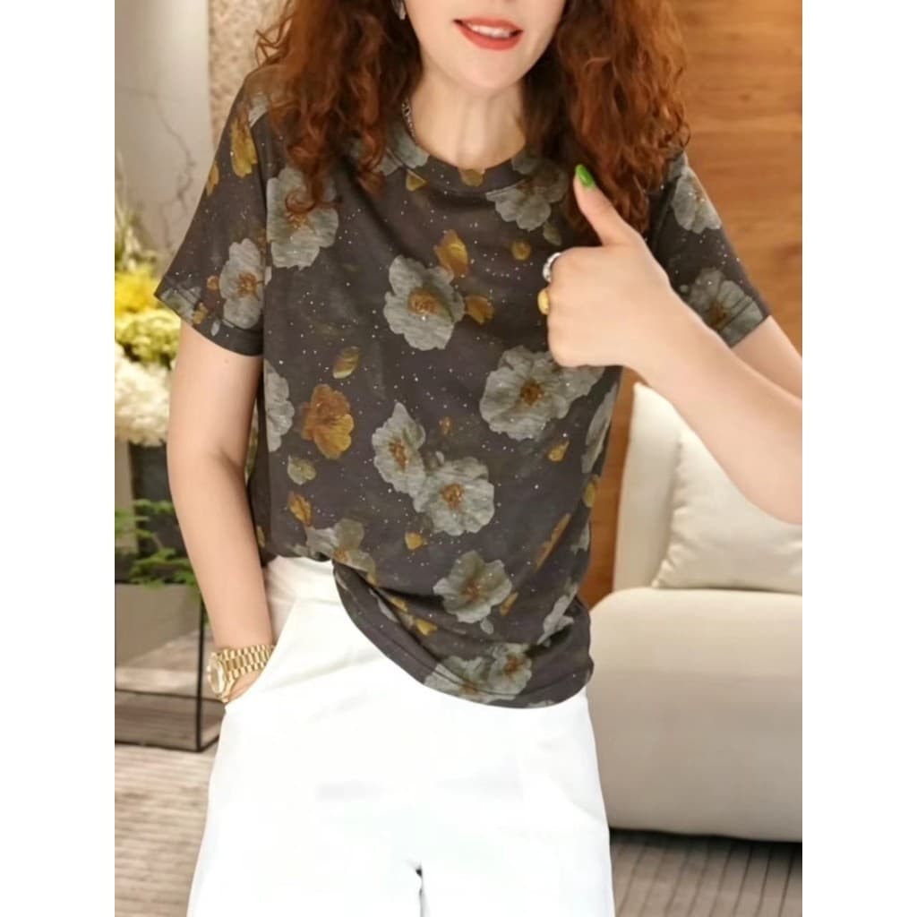 Retro Floral impressão fina de manga curta camiseta feminina 2026 estilo verão moda fina brilhante peça elegante camisa