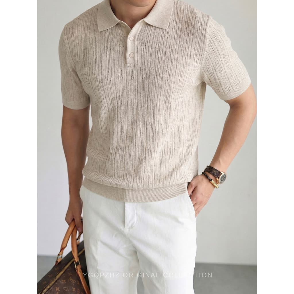 2026 primavera verão legal respirável Tencel linho misturado camisola de manga curta camisa polo masculina lapela camise