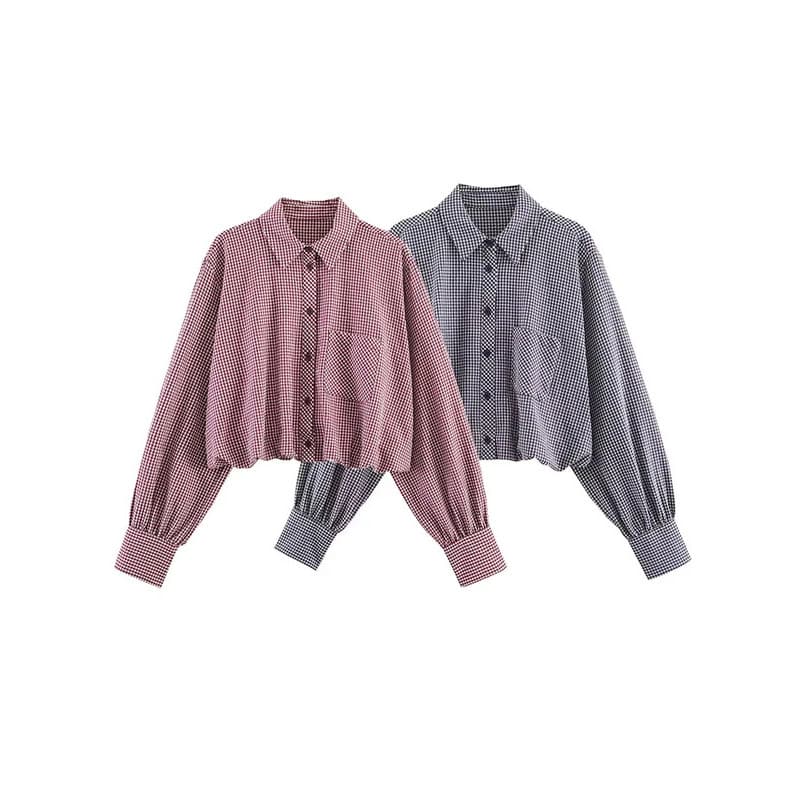 Camisas Vintage Xadrez Femininas TFMLN, Blusa Solta Cropped, Moda Feminina, Streetwear Casual, Decoração com Bolso, Tops
