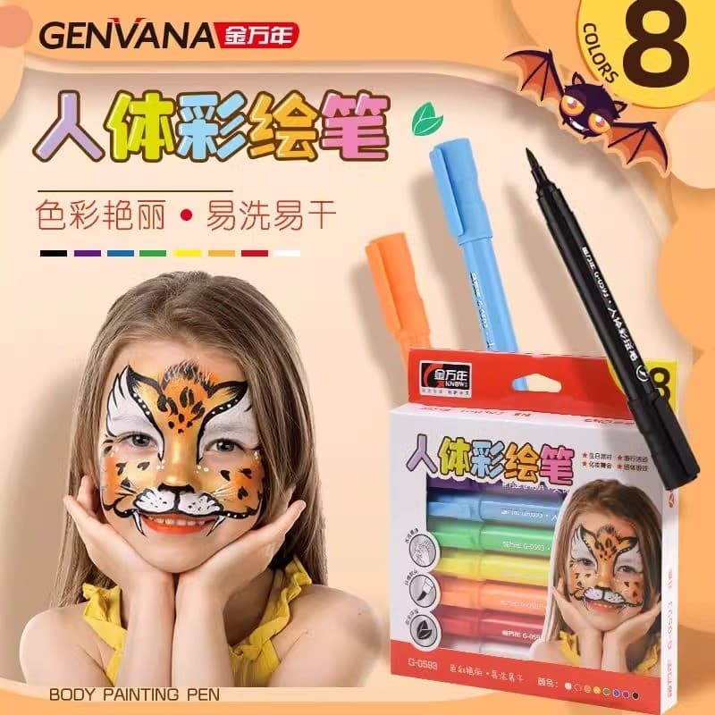 Caneta de pintura corporal de ponta macia Jinwannian 8 cores Caneta de maquiagem facial solúvel em água Fibra Ponta maci