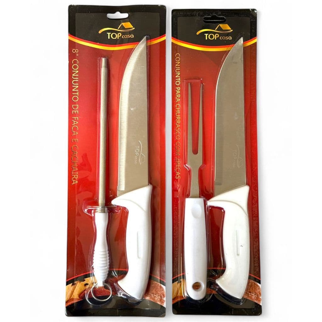 Kit Churrasco 4 Peças Faca Açougueiro Chaira Amolador Afiador Carnes Legumes Aço Inox Assador Profissional, Faca Cozinha