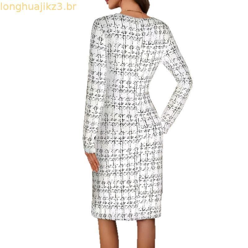 Vestido de Malha de Manga Longa com Estampa Xadrez para Mulheres