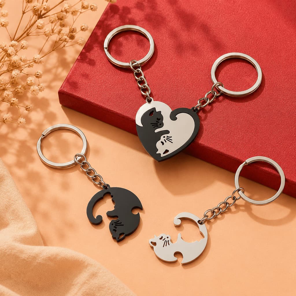 Kit Chaveiro Casal Gato Yin Yang Coração Presente Namorados Melhor Amigo Amor Conexão