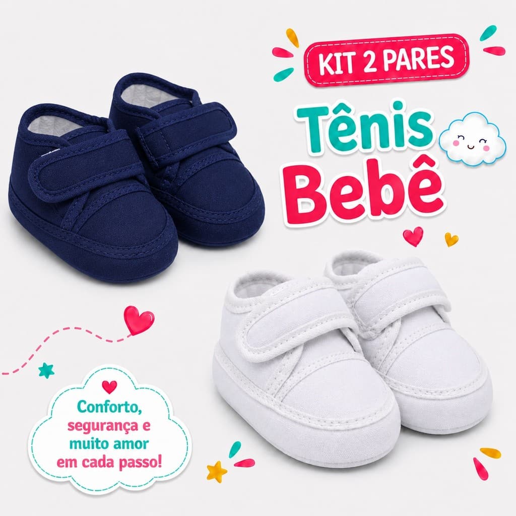 Kit 2 Pares Tênis Bebê Infantil Tecido Molinho Branco Azul Marinho Maternidade Recém-Nascido Macio