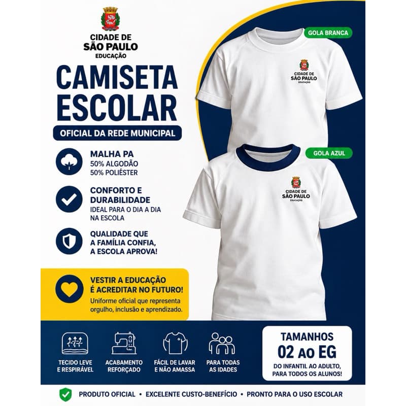 Camiseta Escolar Prefeitura de São Paulo Branca | Gola Azul ou Branca | TAM 02 ao GG