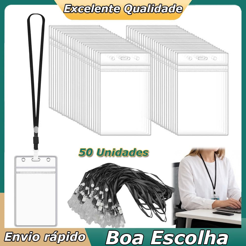 50 Unidades Porta-crachá de PVC Capas para cartões de identificação Suporte de Crachá Vertical com cordões Preto