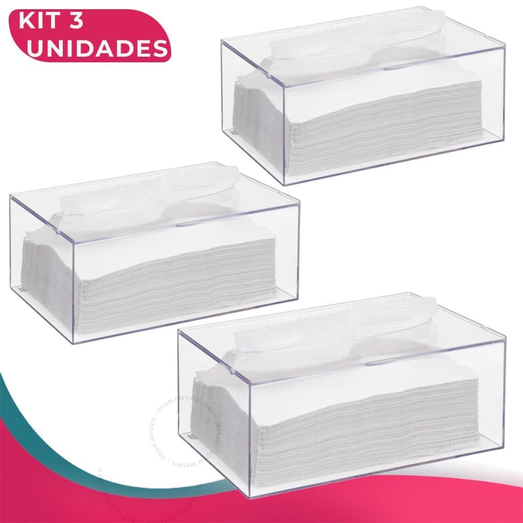 Kit 3 Caixa Porta Lenço Papel Toalha Acrílico Com Tampa Interfolhas Touca Mesa Pia Transparente