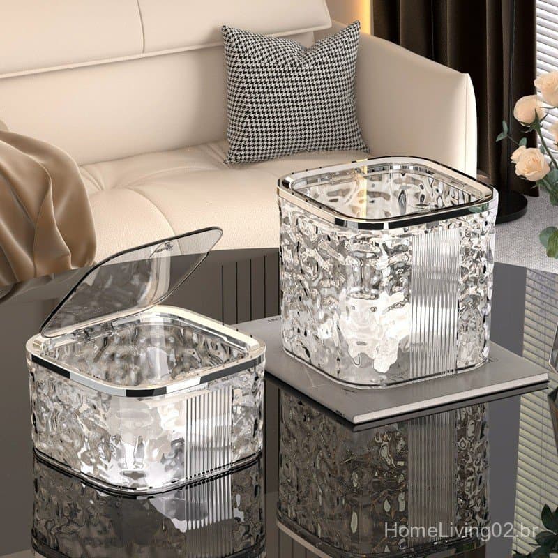 Lixeira de mesa com tampa de pressão e efeito de ondulação de água, estilo luxuoso e elegante, para sala de estar, com p