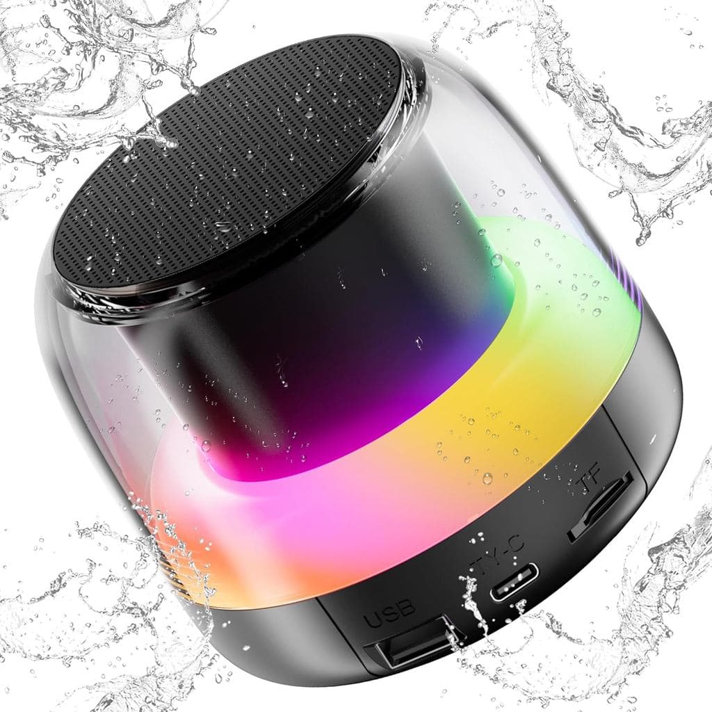 Caixa de Som Portátil Bluetooth com Som Estéreo Potente e Graves Profundos, Mini Caixa de Som Sem Fio com 7 Luzes RGB, C