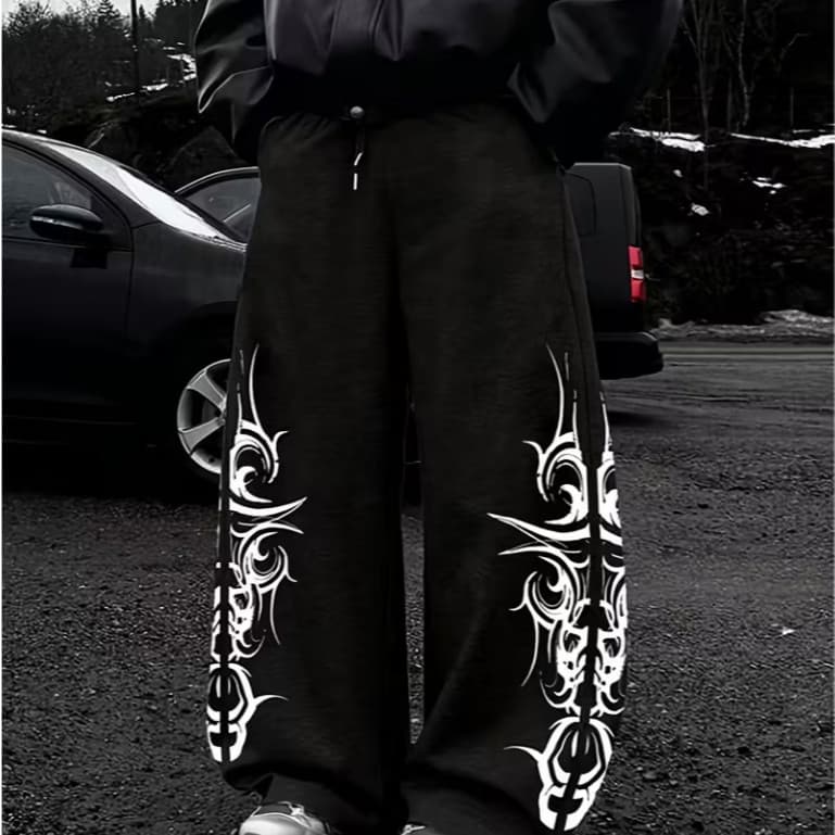 Calça Moletom Masculina Pantalona Wide Leg Style Gotica Street Desposaja Larga Casual Flanelada Ajustavel