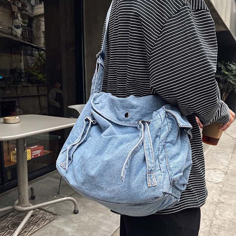 Japonês coreano na moda estilo preguiçoso Denim saco ins estilo Hong Kong Casual lona saco do mensageiro das mulheres do