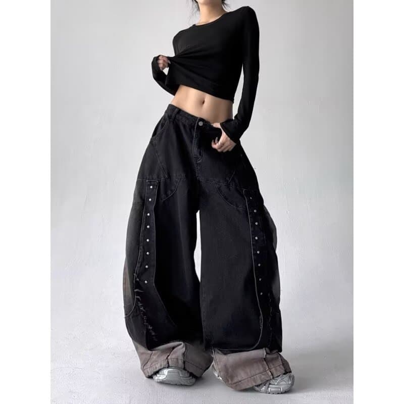 Americano Retro botão Machete calças Jeans feminino solto Drape Casual calças de perna larga Design sentimento calças de