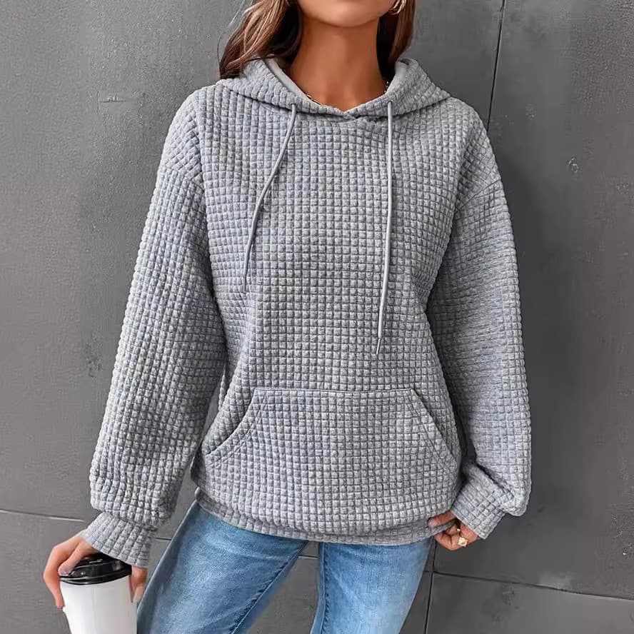 Waffle em torno do pescoço manga longa moletom cor sólida topo feminino japonês coreano Casual