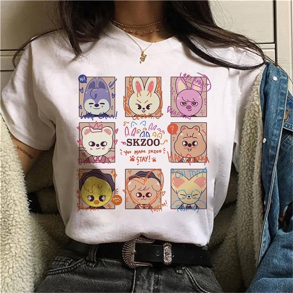 Stray Kids SKZOO Camiseta Feminina Harajuk Estilo Coreano Unissex Camisetas Desenhos Animados Algodão Tees Diário Blusas