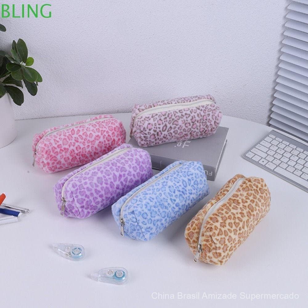 Estojo de pelúcia com estampa de leopardo, macio e de grande capacidade para estudantes.