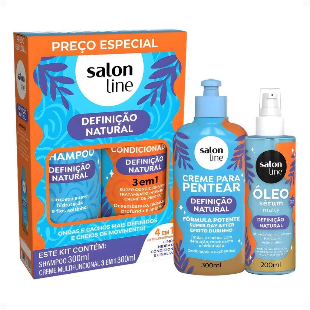 Kit Salon Line Definição Natural: Shampoo, Creme Multifuncional 300ml, Creme Para Pentear 300ml e Óleo Sérum Capilar