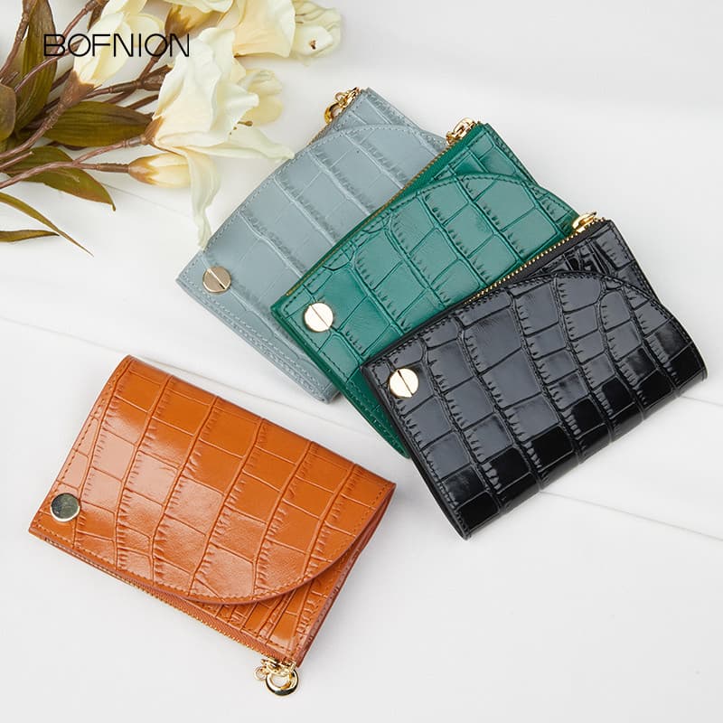 BOFNION curto couro zíper moeda bolsa feminina simples titular do cartão padrão de crocodilo couro genuíno titular do ca