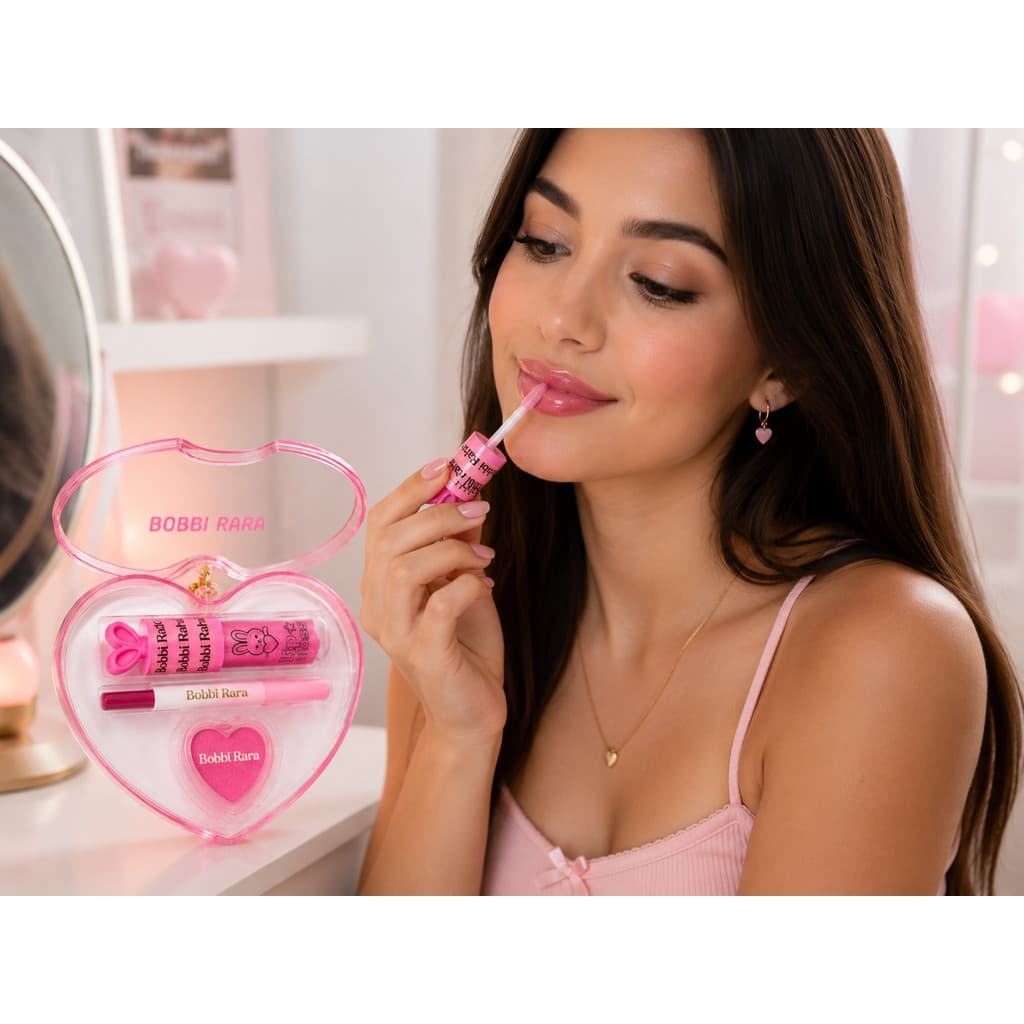 Kit 3 em 1 Coração Maquiagem Gloss Lápis  Lip Balm Care Bobbi Rara Presente namorada