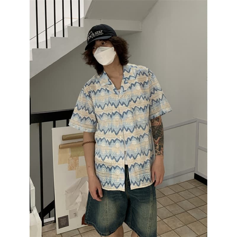 Verão estilo fino estilo boêmio na moda All-Match de manga curta meninos meninas gola cubana beira-mar moda camisa havai