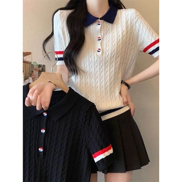 Americano nicho Polo lapela contraste cor botão camisola de manga curta feminino verão Design moda mais magro olhar topo