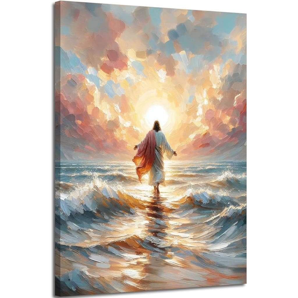 Jesus Andando sobre Água - Arte em Tela para Parede - Reflexo do Jesus nas Águas - Brilho do Pôr do Sol em Tons Rosa e D