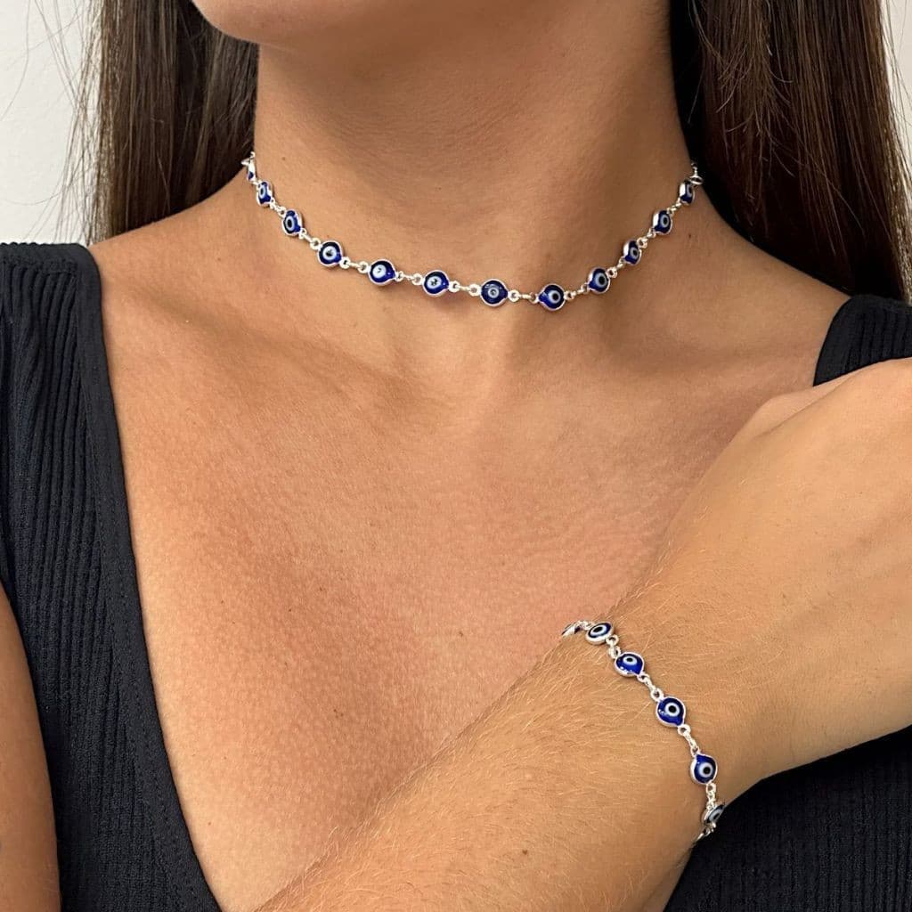 Colar e Pulseira Olho Grego Turco a prata 925