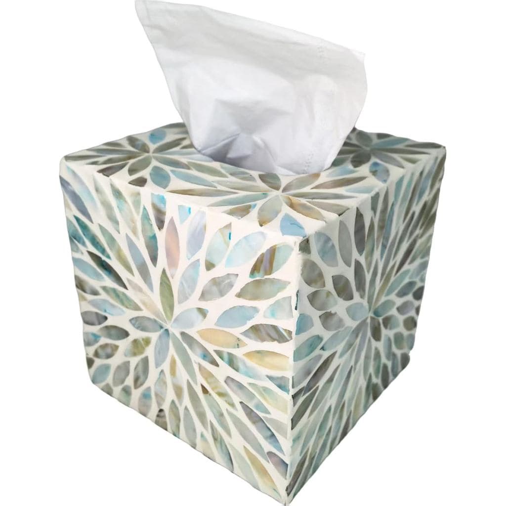 i-lan Caixa de Lenços em Cubo de Madrepérola, Suporte Decorativo Quadrado para Lenços com Flor Azul e Concha de Pérola d